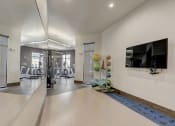 Thumbnail 29 of 37 - a gym with a tv on the wall and a mirror