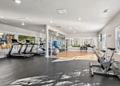Thumbnail 52 of 70 - A spacious gym with a variety of equipment including a stationary bike, treadmill, and exercise ball.