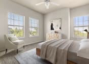 Thumbnail 8 of 28 - a bedroom with four windows and a ceiling fan