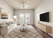 Thumbnail 1 of 28 - a living room with a white couch and a coffee table