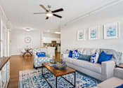 Thumbnail 5 of 70 - A living room with a grey couch and a blue rug.