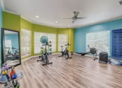 Thumbnail 27 of 44 - a workout room with weights and cardio machines and a ceiling fan