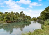Thumbnail 40 of 44 - a river with trees on either side and a bridge in the background