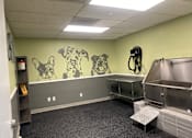 Thumbnail 18 of 19 - A room with a mural of dogs on the wall and a stainless steel sink.