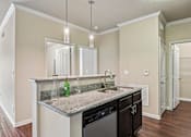 Thumbnail 3 of 32 - A kitchen with a granite countertop and a green bottle on it.