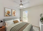 Thumbnail 6 of 33 - a bedroom with a bed and a ceiling fan
