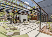 Thumbnail 31 of 33 - a patio with a fireplace and a pergola with chairs and tables