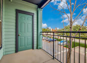 Thumbnail 10 of 35 - A green door is on a house with a black railing.