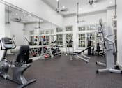 Thumbnail 14 of 25 - A gym with a variety of equipment including treadmills, weights, and exercise machines.