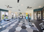 Thumbnail 28 of 38 - a gym with weights and cardio equipment on a checkered floor