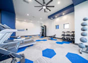 Thumbnail 20 of 30 - a gym with weights and dumbbells and a ceiling fan