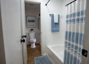 Thumbnail 27 of 27 - A white toilet is in a small bathroom with a blue rug and a white tub.