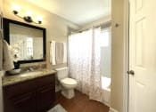Thumbnail 8 of 13 - a bathroom with a shower toilet and sink and a mirror