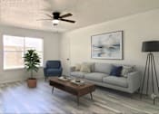Thumbnail 23 of 31 - A living room with a blue chair and a grey couch.