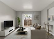 Thumbnail 4 of 31 - A modern living room with a white sofa, a coffee table, and a television.