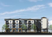 Thumbnail 3 of 94 - a rendering of a four story apartment building on a hill with trees