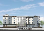 Thumbnail 2 of 94 - a rendering of an apartment building with a bridge in front of it