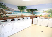 Thumbnail 32 of 37 - A row of washing machines in front of a painted beach scene.
