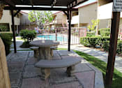 Thumbnail 26 of 37 - A stone table is in the middle of a patio.