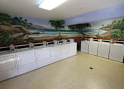 Thumbnail 6 of 37 - A wall mural of a beach scene is behind a row of washing machines.