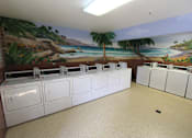 Thumbnail 11 of 37 - A row of washing machines in front of a wall mural.