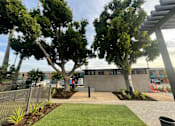 Thumbnail 6 of 15 - A park with a grassy area, trees, and a building in the background.