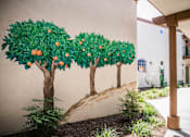 Thumbnail 15 of 36 - A mural of three trees with oranges growing on them is painted on a wall.