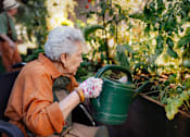 Thumbnail 9 of 21 - An elderly woman is watering plants in a garden.