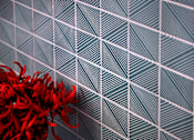 Thumbnail 97 of 127 - A red flower sits in front of a grey and white patterned background.