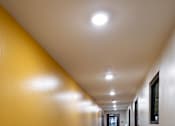 Thumbnail 84 of 127 - A long hallway with wood floors and yellow walls.