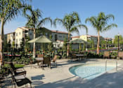 Thumbnail 58 of 117 - A pool surrounded by chairs and trees in front of apartment buildings.