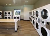 Thumbnail 32 of 45 - A laundromat with rows of washers and dryers.