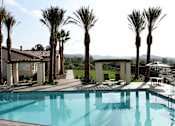 Thumbnail 97 of 126 - A pool surrounded by palm trees and a building in the background.