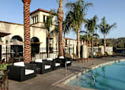 Thumbnail 82 of 126 - A pool area with palm trees and lounge chairs.
