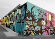 Thumbnail 2 of 10 - A wall of graffiti art featuring faces and flowers.