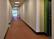 Thumbnail 43 of 94 - A long hallway with green doors and brown floors.