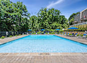 Thumbnail 2 of 20 - A large swimming pool surrounded by trees and umbrellas.