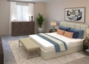 Thumbnail 23 of 27 - a bedroom with a white bed and a blue and white blanket