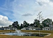 Thumbnail 10 of 36 - a fountain in the middle of a pond in front of houses