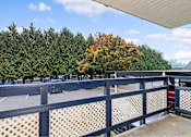 Thumbnail 5 of 15 - A view from a balcony with a blue railing and a tree with orange leaves in the background.