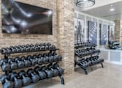 Thumbnail 16 of 100 - Gym with Row of Black Dumbbells at Edge 35 Apartments, Indiana, 46203