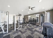 Thumbnail 17 of 84 - a gym with weights and cardio machines and a ceiling fan  at Grand Villas Apartments, Texas, 77494