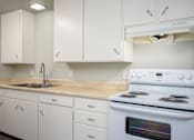 Thumbnail 14 of 22 - A white kitchen with a stove and sink.