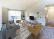 Thumbnail 1 of 30 - a living room with couches and a table and a television