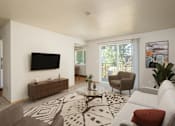 Thumbnail 39 of 56 - A living room with a white couch, a brown side table, and a flat screen TV mounted on the wall.
