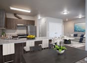 Thumbnail 7 of 13 - A modern kitchen with a dark countertop and a dining area with a painting on the wall.