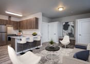 Thumbnail 9 of 13 - A modern kitchen with a dining area and a living room.