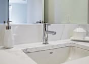 Thumbnail 29 of 36 - Quartz bathroom sink with brushed nickel faucet