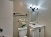 Thumbnail 10 of 20 - a small bathroom with a toilet and a sink and a mirror at The Crossings at Montrose Apartments, San Antonio, TX, 78223