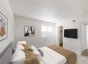 Thumbnail 3 of 41 - a bedroom with a bed and a tv on the wall